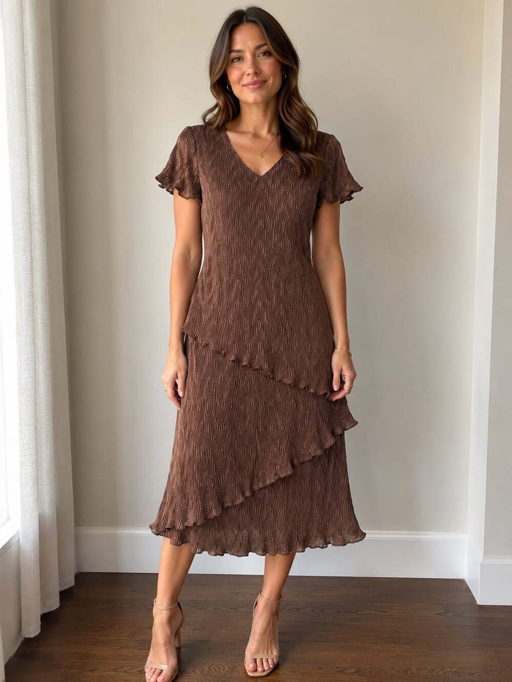 Connected Apparel Chocolate Brown Crinkled Tiered Midi Dress
M13 JC